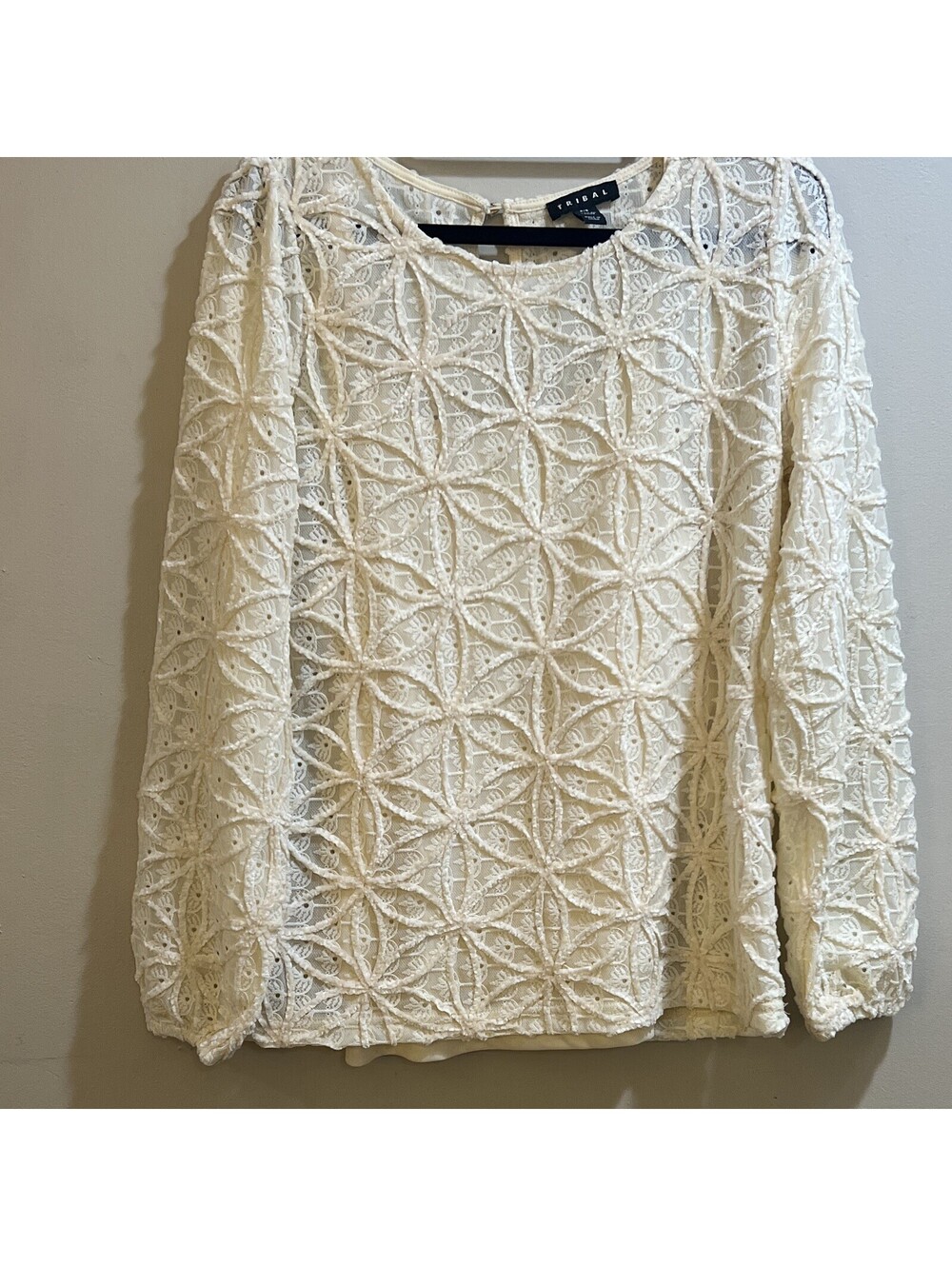 Tribal Women’s S Ivory Lace Embroidered Lined Long Sleeve Scoop Neck Blouse